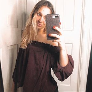 Free People Off Shoulder Burgundy Blouse Size S